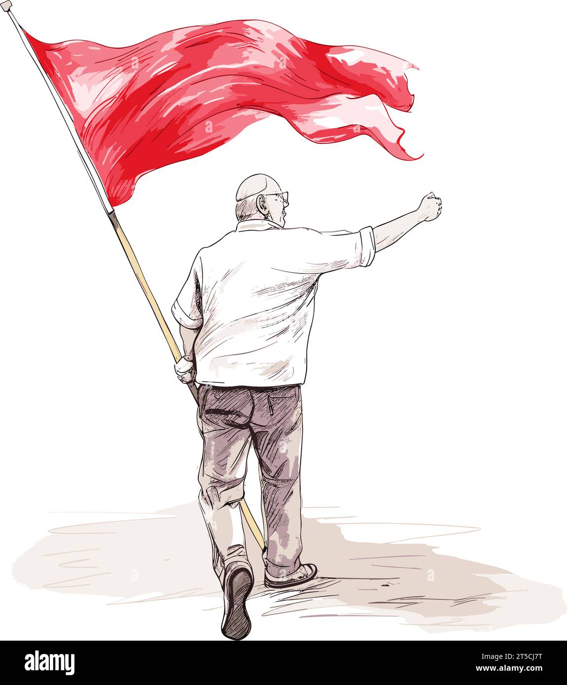 Drawing of senior man waving a red flag illustration