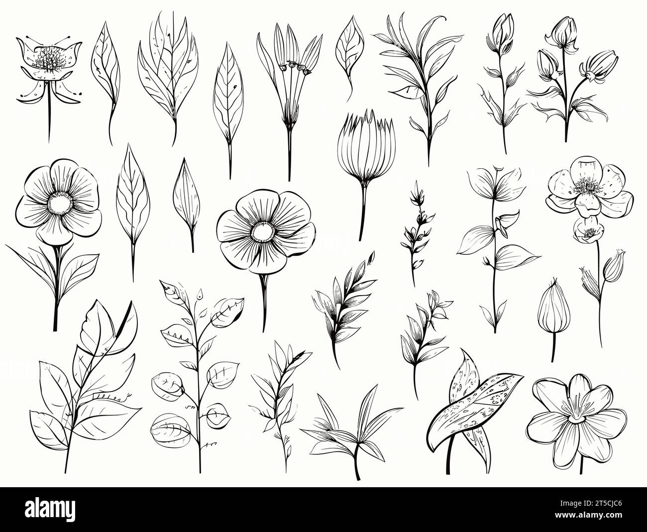 Drawing of Set of vector flower icons illustration separated, sweeping overdrawn lines. Stock Vector