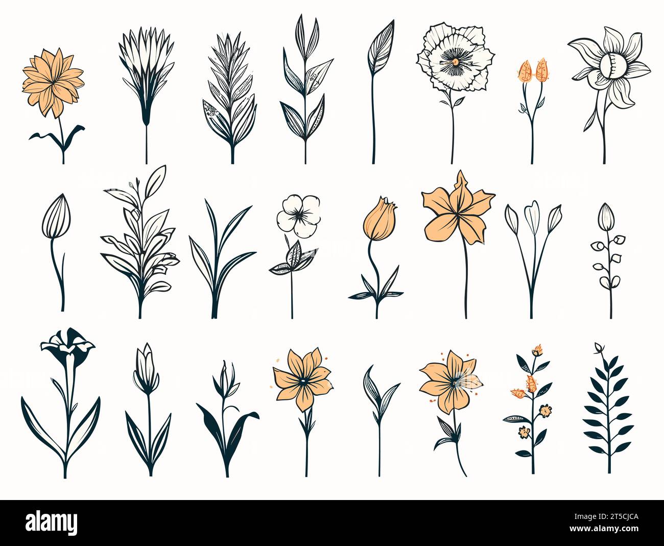 Drawing of Set of vector flower icons illustration separated, sweeping overdrawn lines. Stock Vector