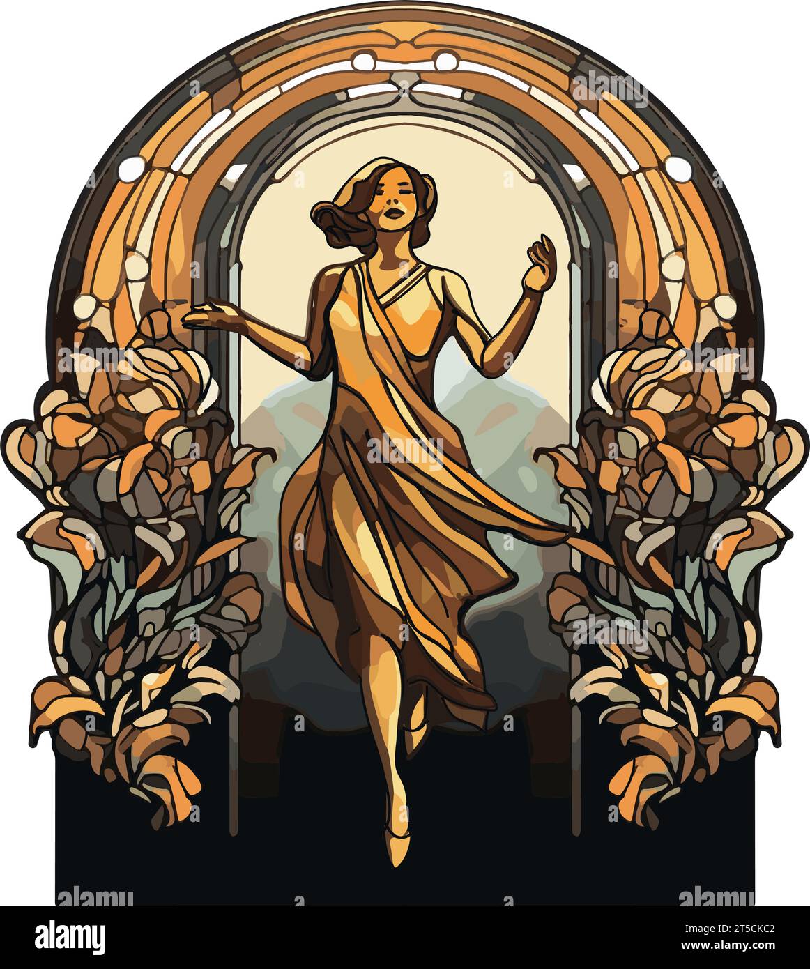 Leaf arch stained glass window with woman in 1920s style dress running through opening, mountain scene in background, yellow and gold tones Stock Vector