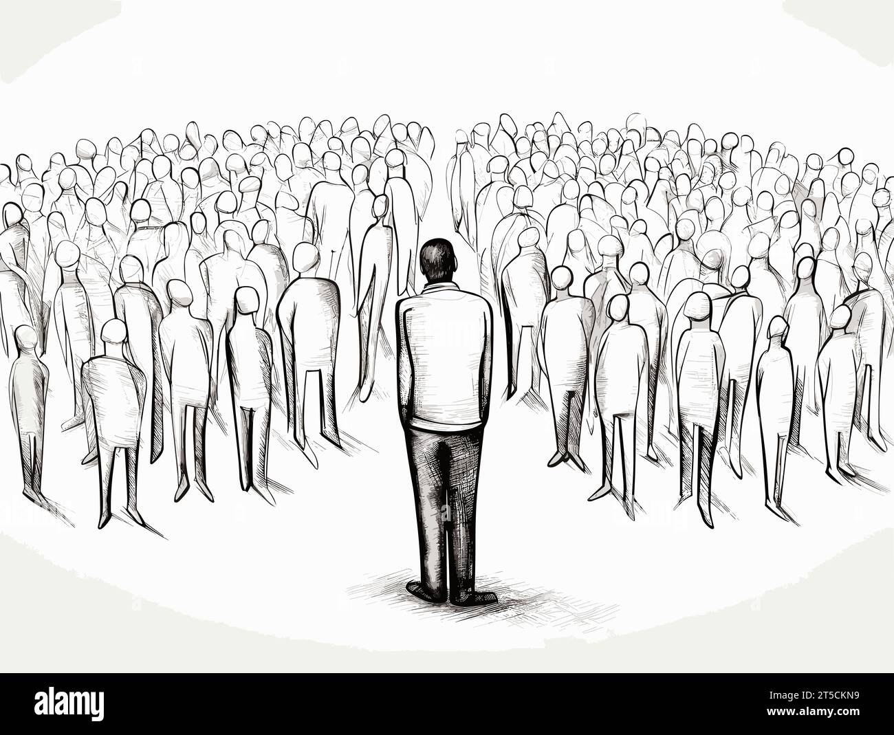 Drawing of Unique man standing out from the crowd of regular man illustration separated, sweeping overdrawn lines. Stock Vector