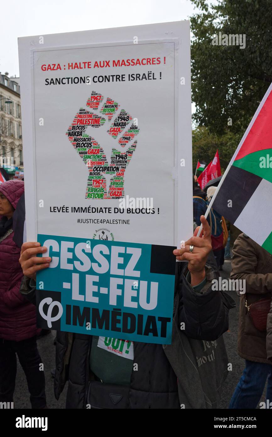 Plusieurs milliers de personnes (60000 selon l'organisateur) ont défilé dans Paris pour demander un cessez le feu immédiat à Gaza. Stock Photo