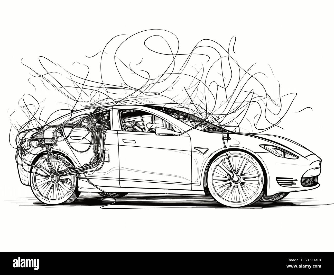 Drawing of Wall box charges electric car illustration separated, sweeping overdrawn lines. Stock Vector