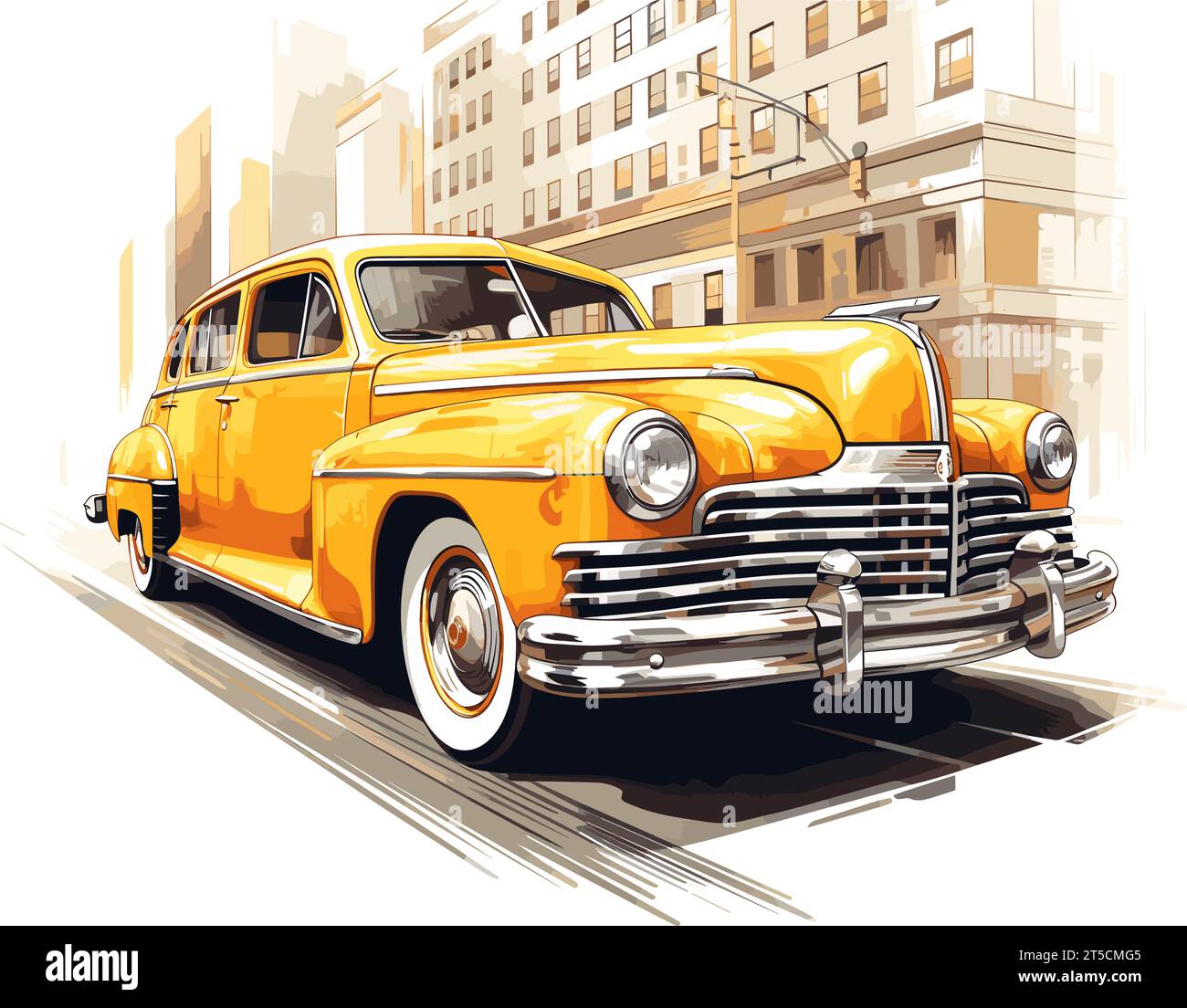 Drawing of Vintage yellow taxi in New York illustration separated, sweeping overdrawn lines. Stock Vector