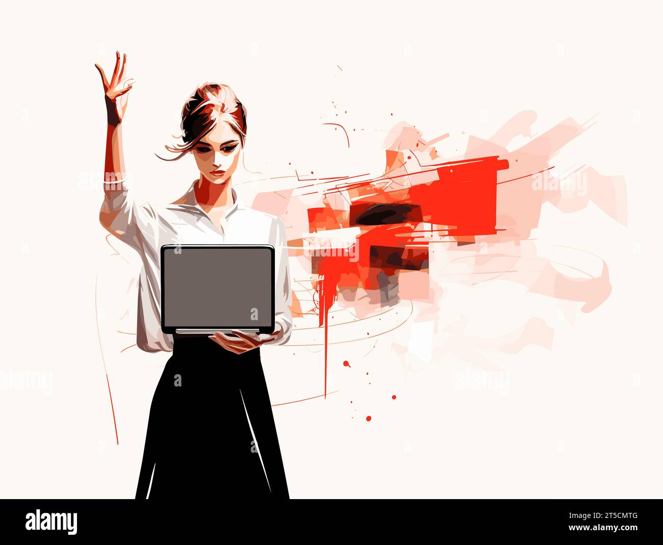 Drawing of woman holding laptop and pointing to blank screen ...