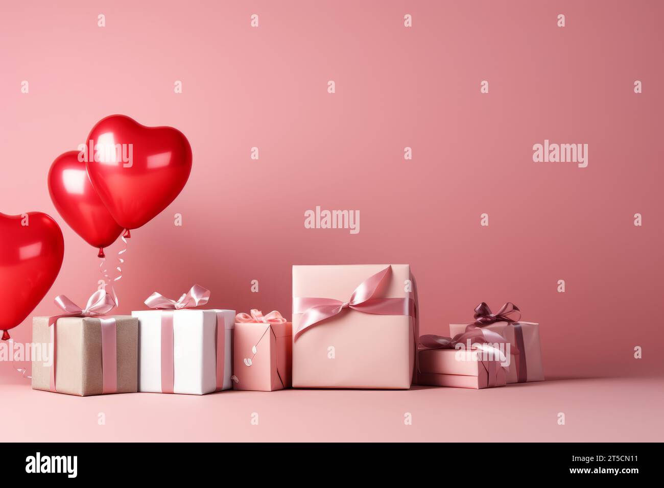 3d heart shaped air balloons with gift boxes on pink background for ...