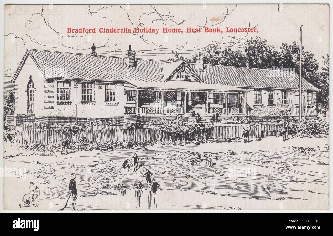 Bradford Cinderella Holiday Home, Hest Bank, Lancaster. Drawing of the holiday home on an early 20th century postcard, showing children playing outside Stock Photo