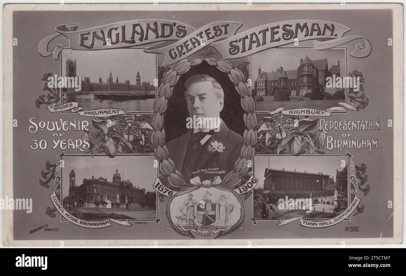 Joseph Chamberlain: Souvenir of 30 years representation of Birmingham as a Member of Parliament. The postcard is captioned 'Britain's Greatest Statesman' and includes illustrations of Chamberlain, the Houses of Parliament, Chamberlain's house 'Highbury', and the Council House and Town Hall in Birmingham. Stock Photo