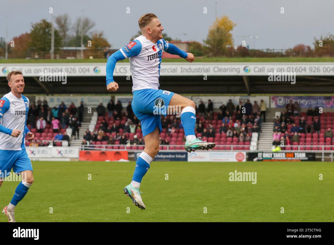 Ben Whitfield celebrates after scoring for Barrow, to extend their lead