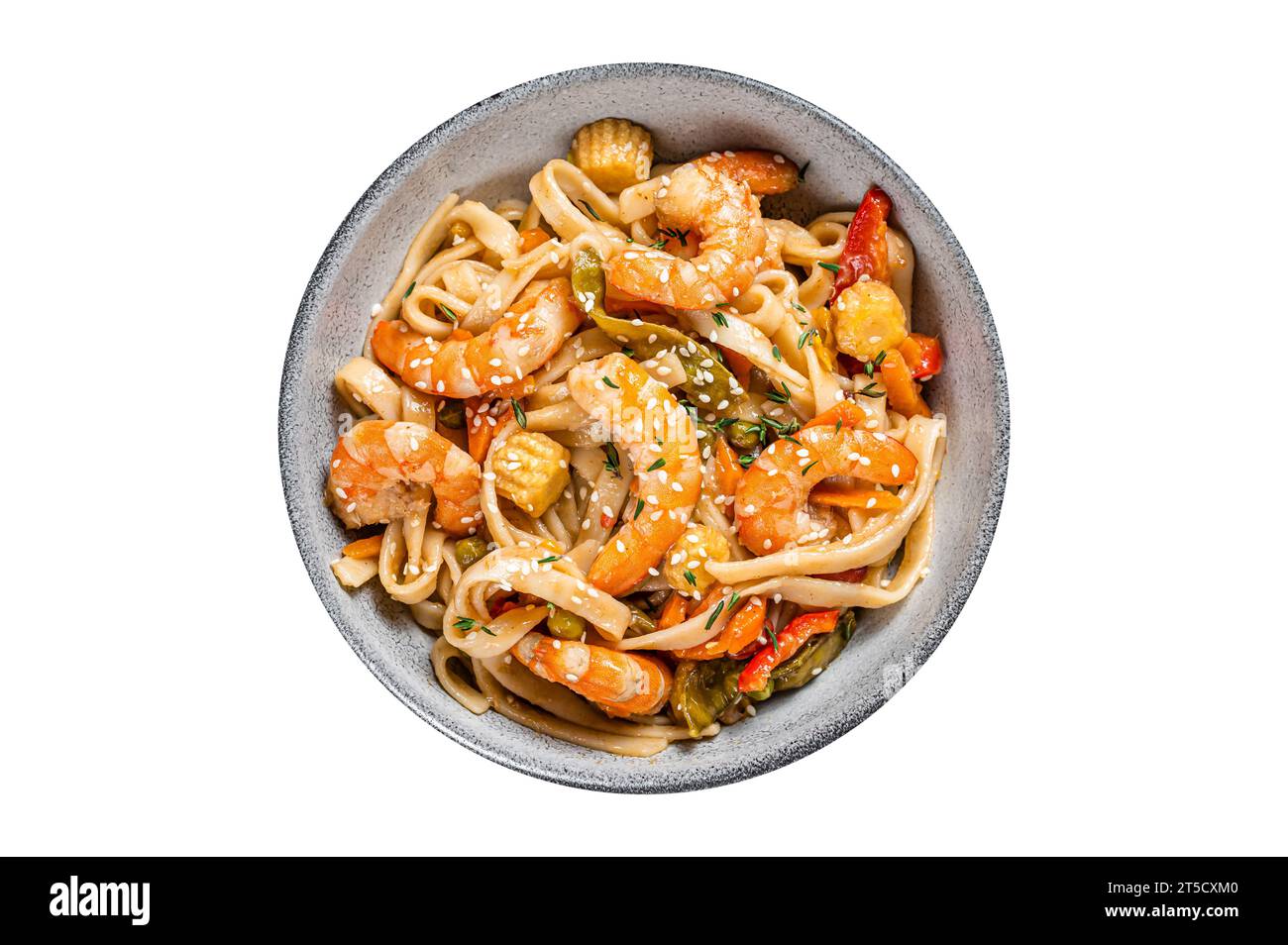 Chinese wok Stirfry udon seafood noodles with shrimp prawns in a bowl