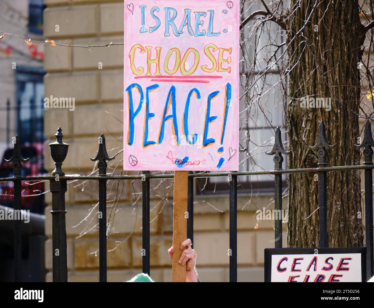 Halifax, Nova Scotia, Canada. November 4th, 2023. Israel Choose Peace sign at ceasefire in Palestine rally. Stock Photo