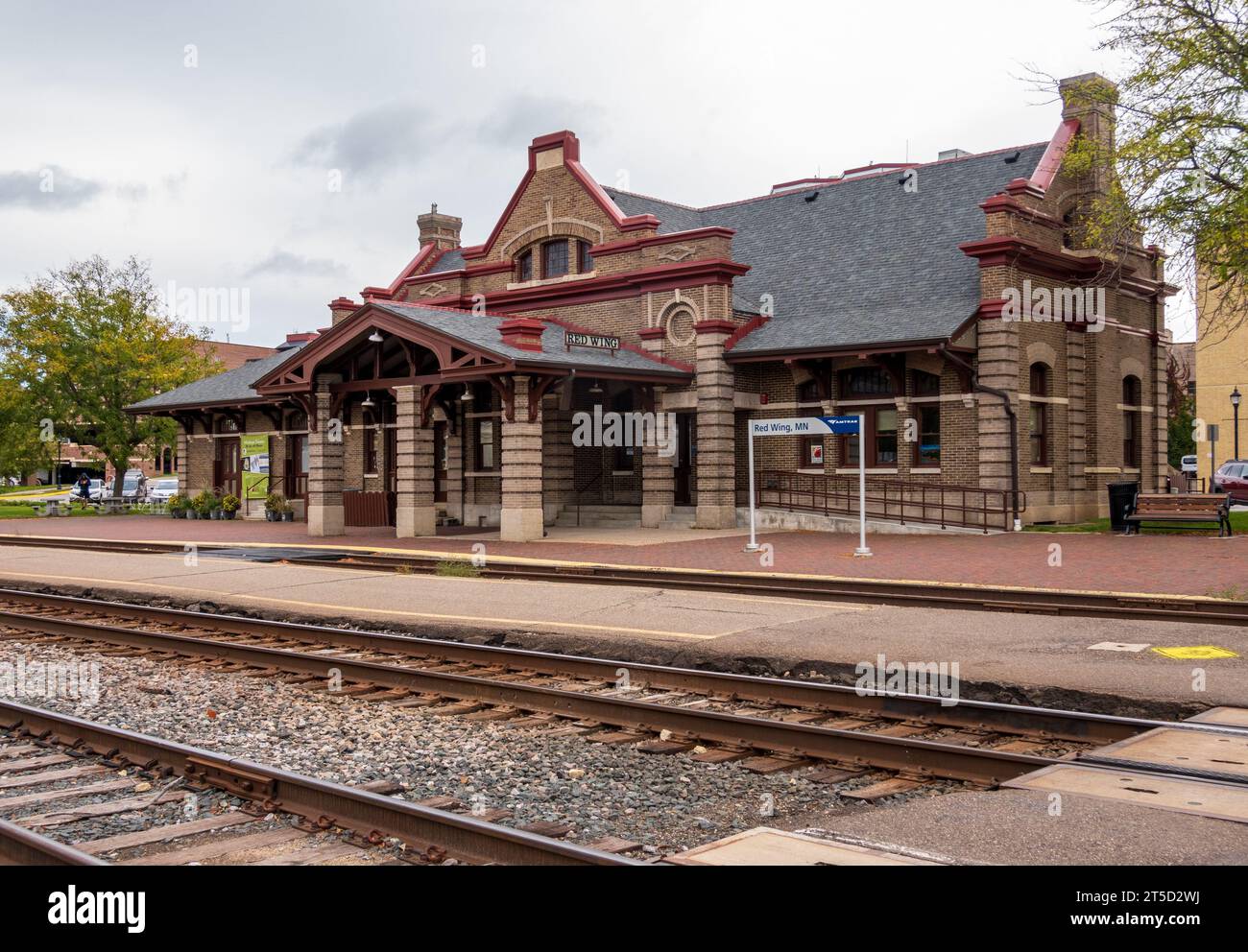 Red Wing, MN 15 October 2023 Facade of the historic Amtrak railway