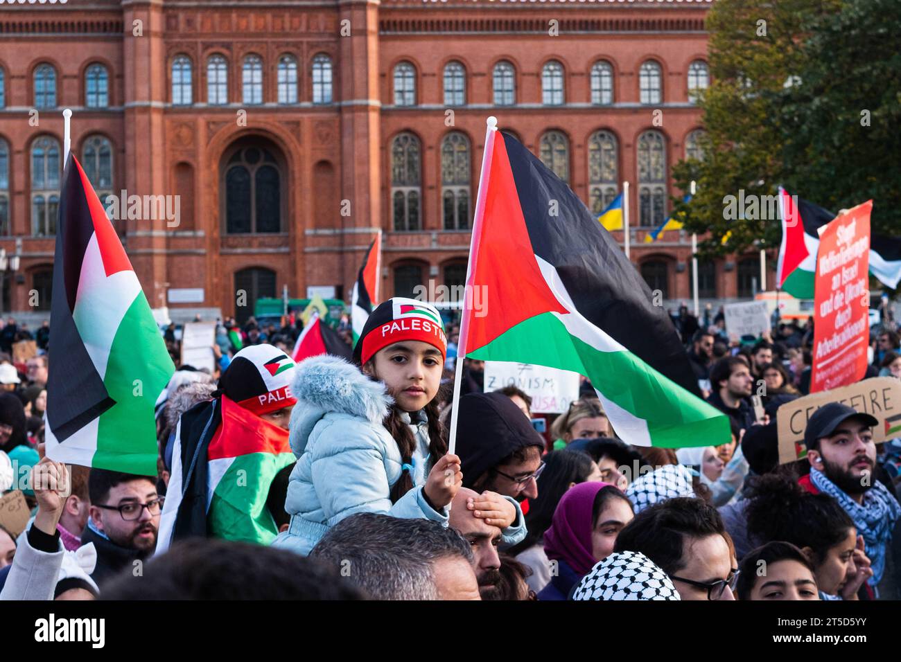 Berlin, Germany - November, 4: Children with palestinian flag on Free Palestine Demonstration in Berlin Stock Photo