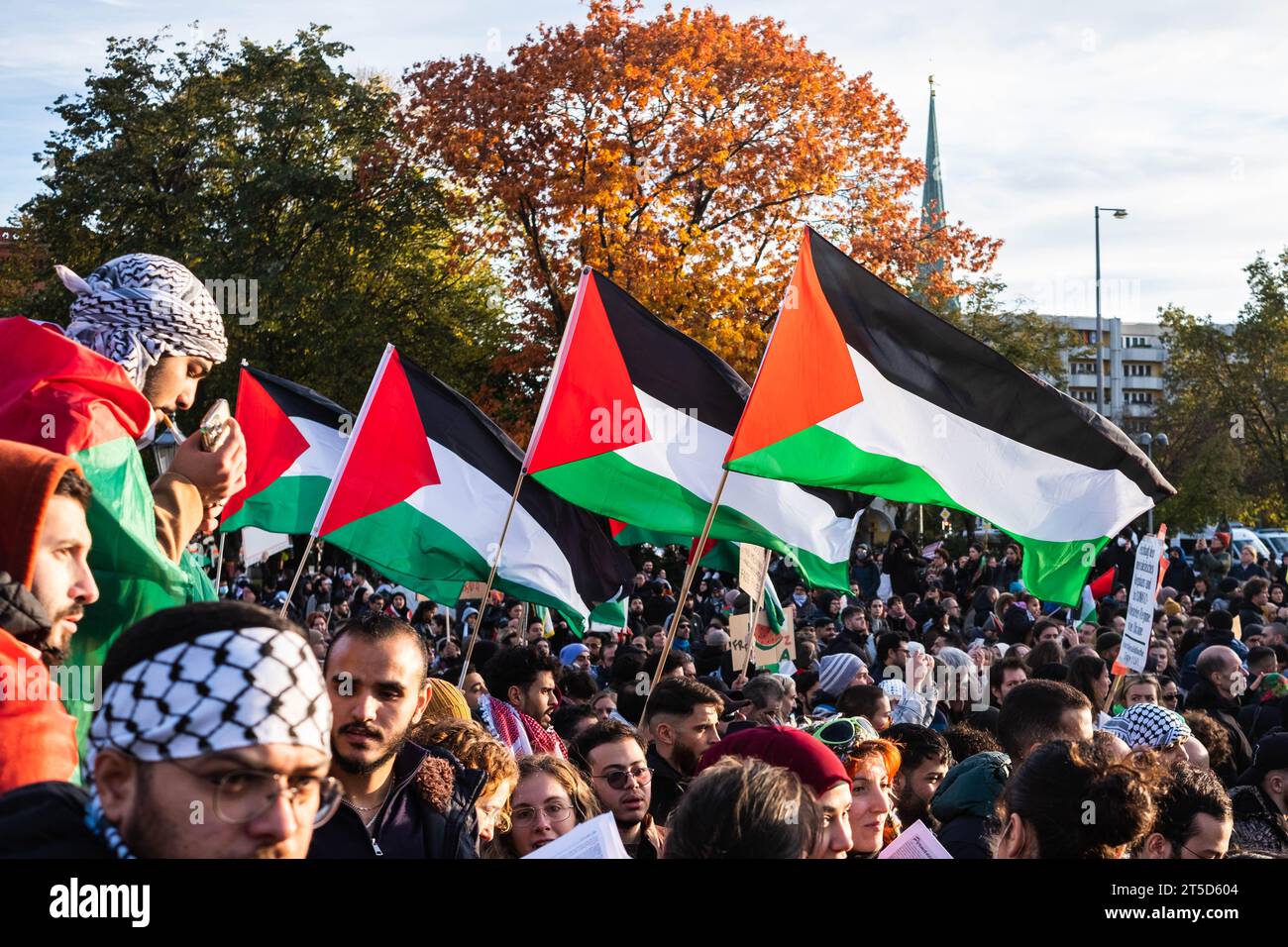 Berlin, Germany - November, 4: People with palestinian flags on Free Palestine Demonstration in Berlin Stock Photo