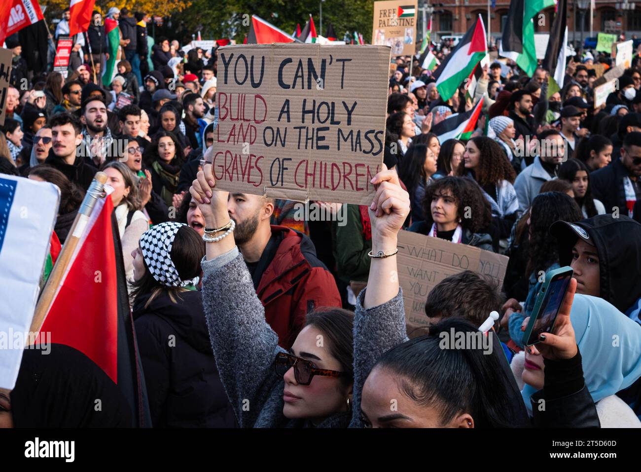 Berlin, Germany - November, 4: Protestor holding sign on Free Palestine Demonstration in Berlin Stock Photo