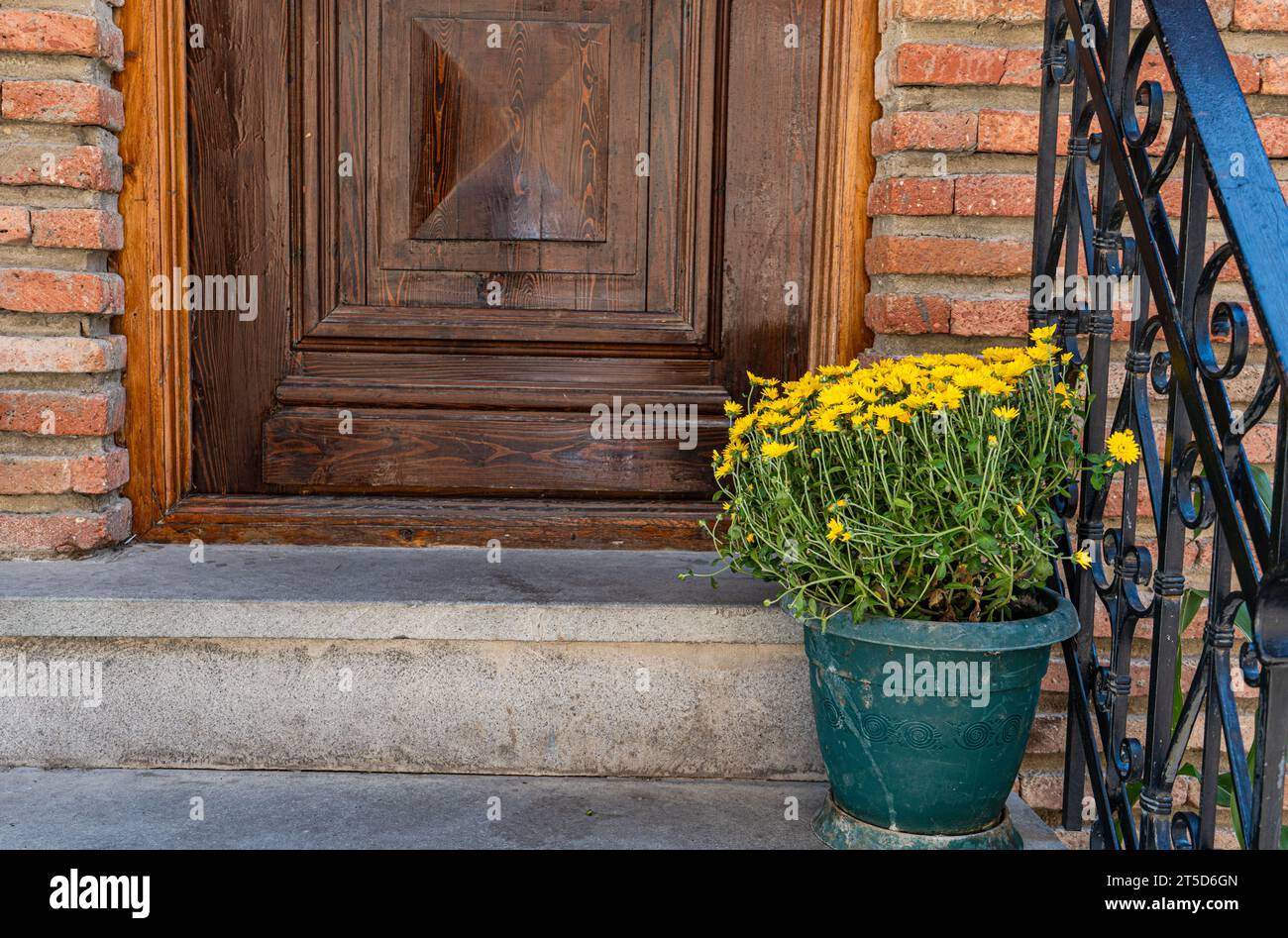 Blooming yellow flowers close to the door on the stairs Stock Photo