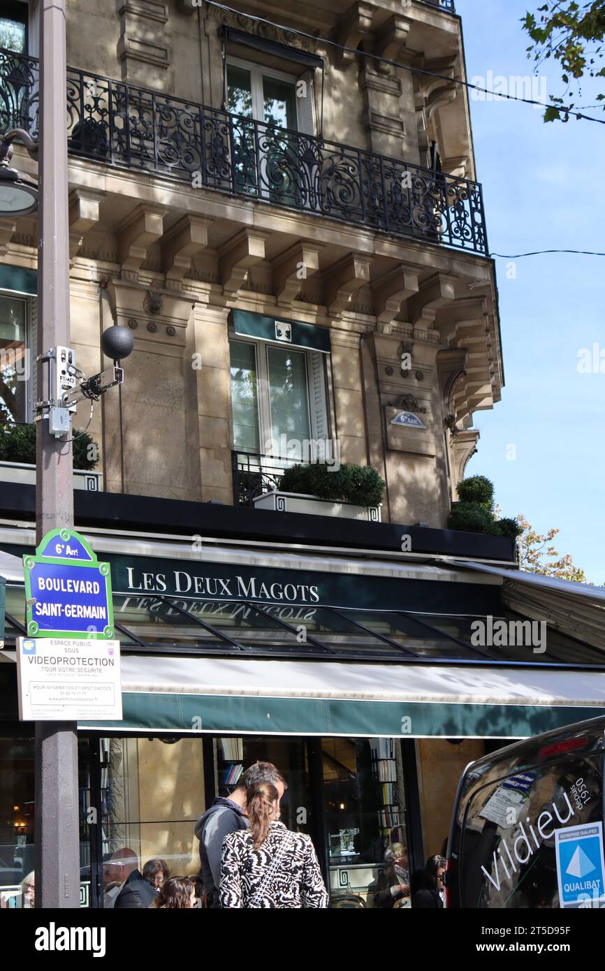 Cafe Les Deux Magots on Bouldevard Saint Germain in Paris, France Stock Photo