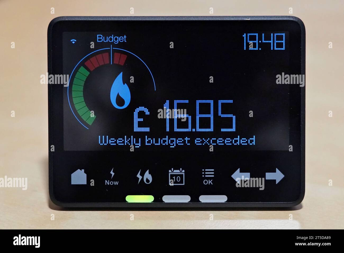 Smart energy meter showing gas usage & that the weekly budget has been exceeded Stock Photo
