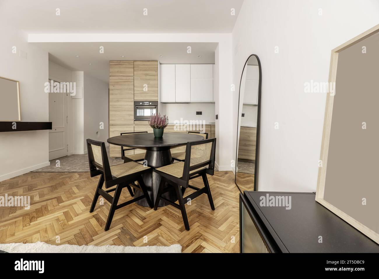 Living room of a house with open kitchen with walls lined with handleless wooden furniture Stock Photo