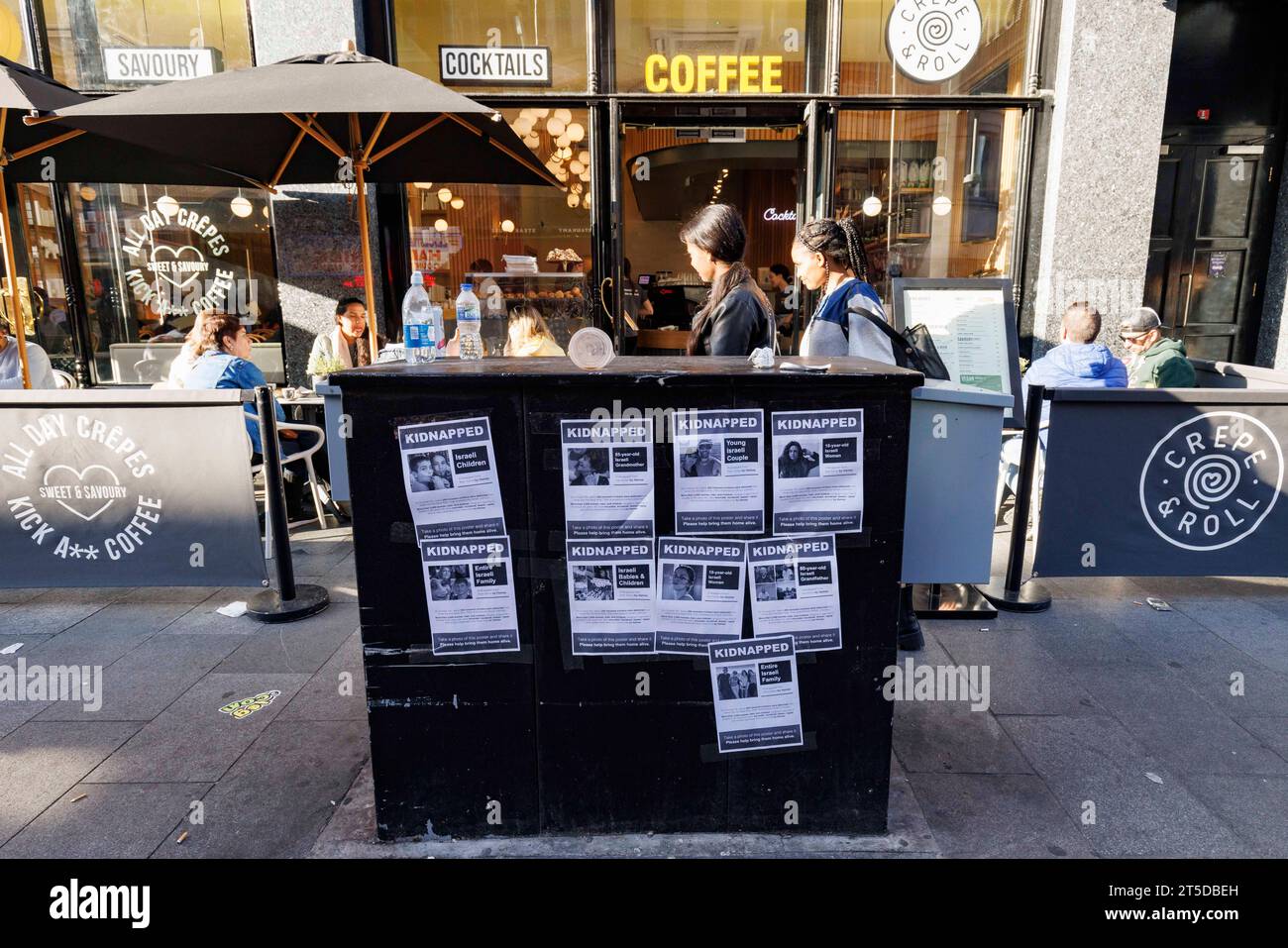 Posters displaying pictures of Israeli hostages are seen near Leicester Square this afternoon.  Image shot on 14th October 2023.  © Belinda Jiao   jia Stock Photo
