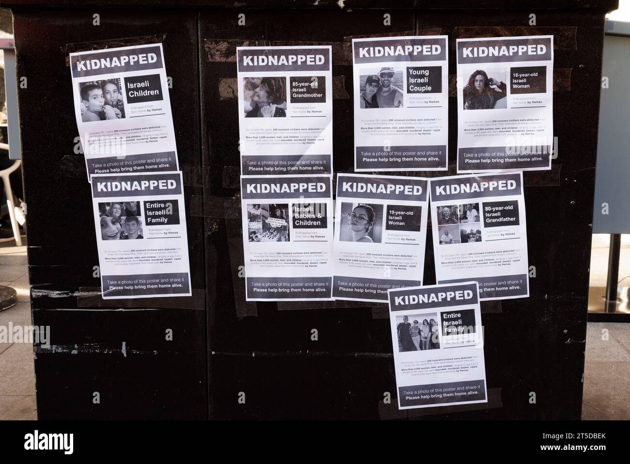 Posters displaying pictures of Israeli hostages are seen near Leicester Square this afternoon.  Image shot on 14th October 2023.  © Belinda Jiao   jia Stock Photo