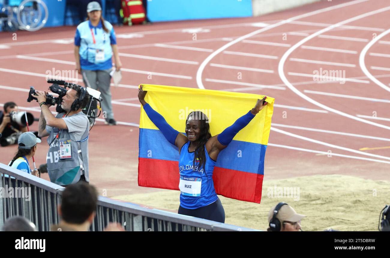 Santiago, Chile, USA. 3rd Nov, 2023. SANTIAGO (CHL), 11/03/2023 - FINAL /THROW/DART - Women's javelin throw final won by Columbia RUIZ F (gold) with 63.10, Bahamas OTABOR R (Silver) with 60.54, American HARRIS M (Bronze) with 60.06. while Brazilian DE LIMA J placed 5th with 59.04 at the Julio Martinez National Stadium Coliseum during the 2023 Pan American Game in Santiago, Chile. (Credit Image: © Niyi Fote/TheNEWS2 via ZUMA Press Wire) EDITORIAL USAGE ONLY! Not for Commercial USAGE! Stock Photo