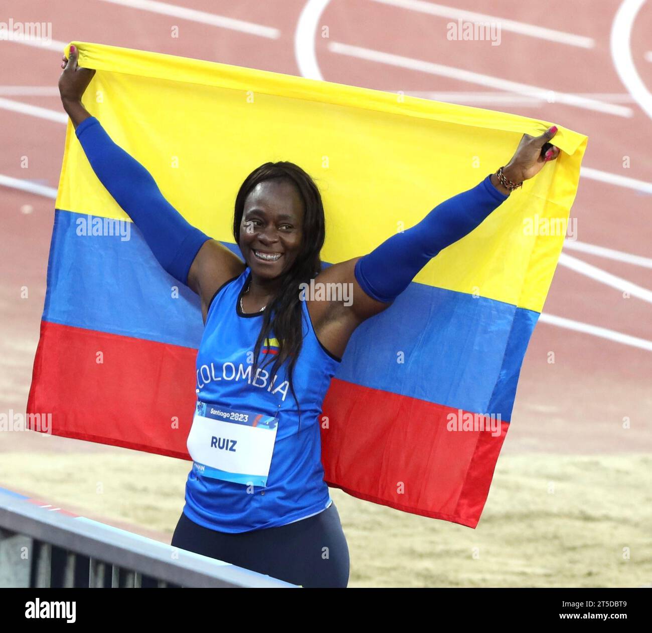 Santiago, Chile, USA. 3rd Nov, 2023. SANTIAGO (CHL), 11/03/2023 - FINAL /THROW/DART - Women's javelin throw final won by Columbia RUIZ F (gold) with 63.10, Bahamas OTABOR R (Silver) with 60.54, American HARRIS M (Bronze) with 60.06. while Brazilian DE LIMA J placed 5th with 59.04 at the Julio Martinez National Stadium Coliseum during the 2023 Pan American Game in Santiago, Chile. (Credit Image: © Niyi Fote/TheNEWS2 via ZUMA Press Wire) EDITORIAL USAGE ONLY! Not for Commercial USAGE! Stock Photo