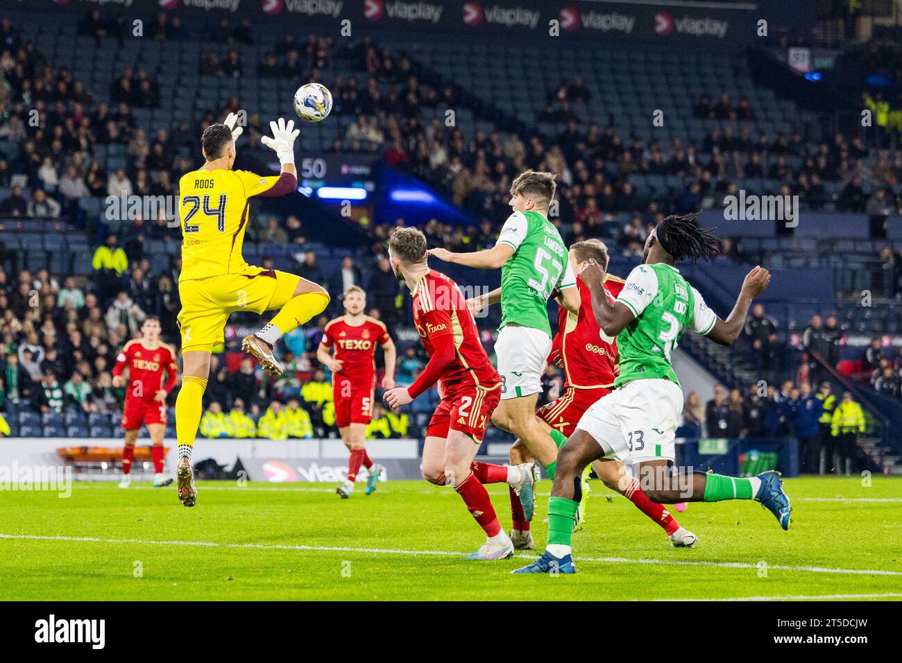 Glasgow, Scotland. 04 November 2023. Kelle Roos (24 Aberdeen) claims a Hibs cross Hibernian Vs