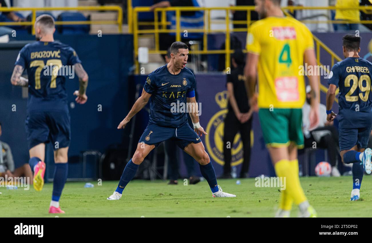 Riyadh, Saudi Arabia. 04th Nov, 2023. Cristiano Ronaldo of Al-Nassr FC celebrates after scoring during their Match Day 12 of the SAFF Roshn Saudi Pro League 2023-24 between Al-Nassr FC and Al-Khaleej FC at Al-Awwal Park on November 4, 2023 in Riyadh, Saudi Arabia. Photo by Victor Fraile / Power Sport Images Credit: Power Sport Images Ltd/Alamy Live News Stock Photo