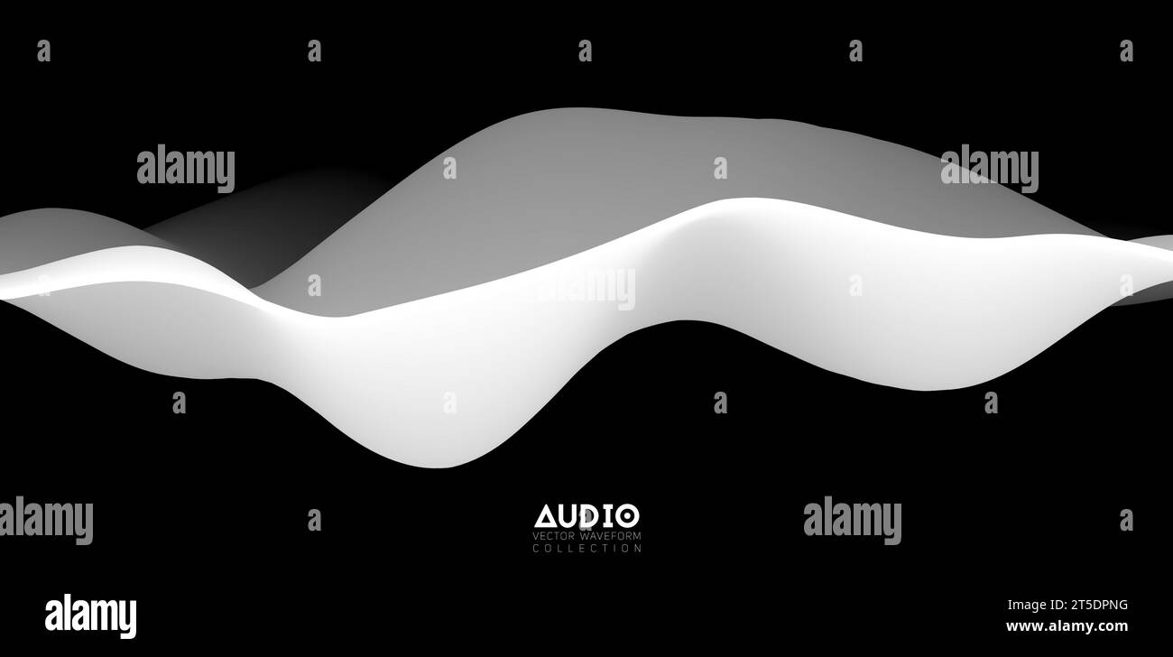 Sound wave visualiztion. 3D black and white solid waveform. Voice sample pattern. Stock Vector