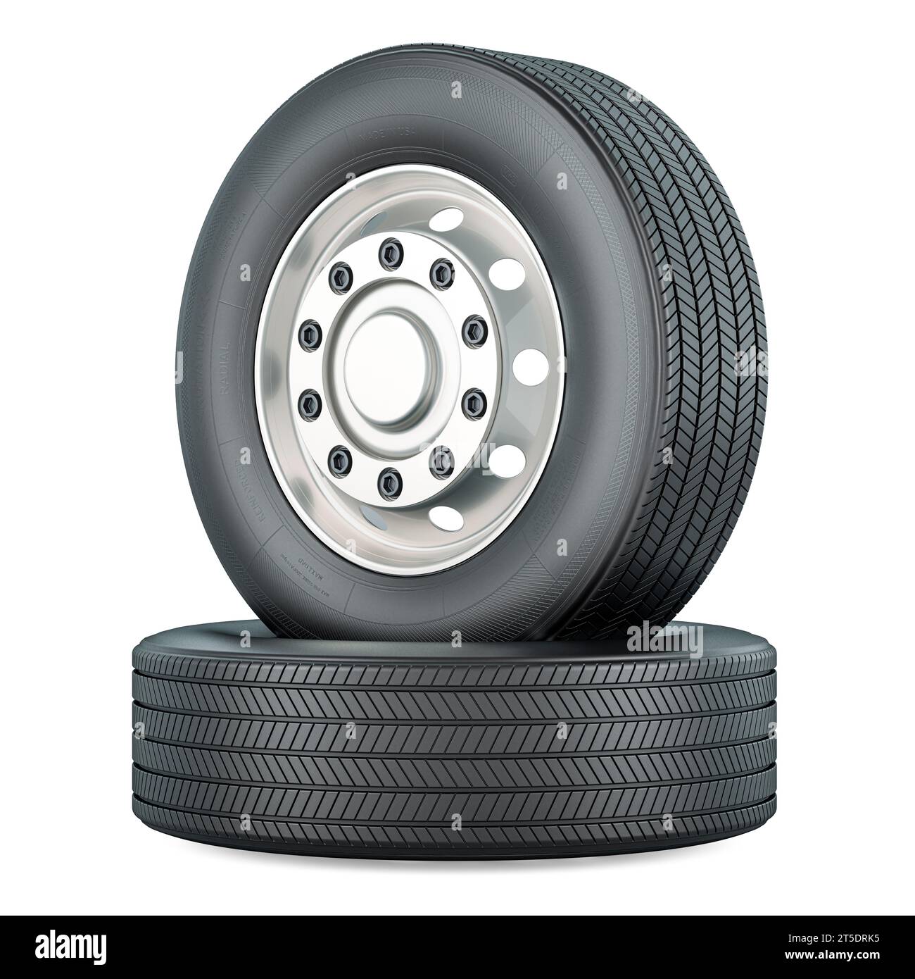 Bus or truck wheels with front rims, 3D rendering isolated on white background Stock Photo