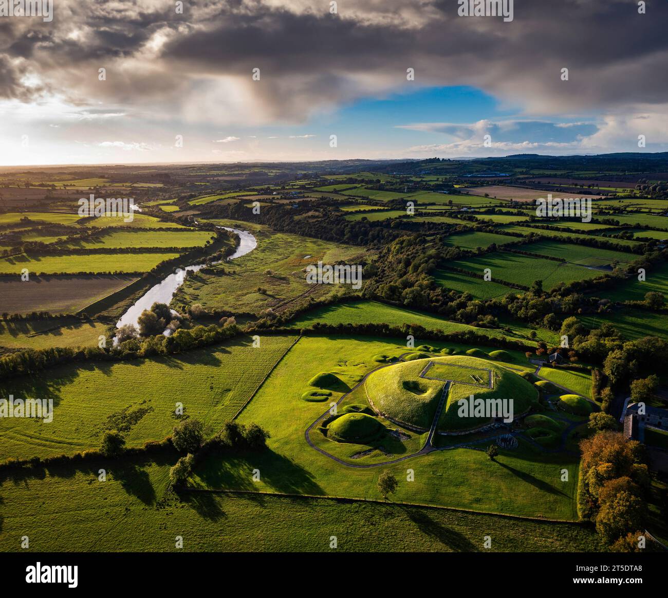 Aerial photograph at sunset of Knowth on the River Boyne, Bru Na Boinne