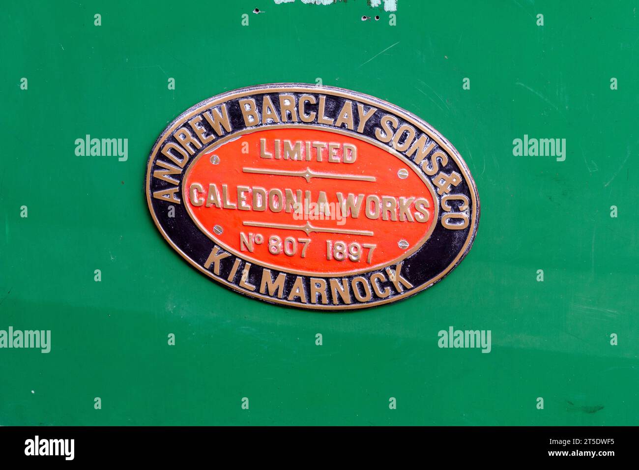 Plate on the side of the Royal Deeside Railway locomotive Bon-Accord, built by Andrew Barclay in 1897.  At Milton of Crathes, Scotland, UK Stock Photo