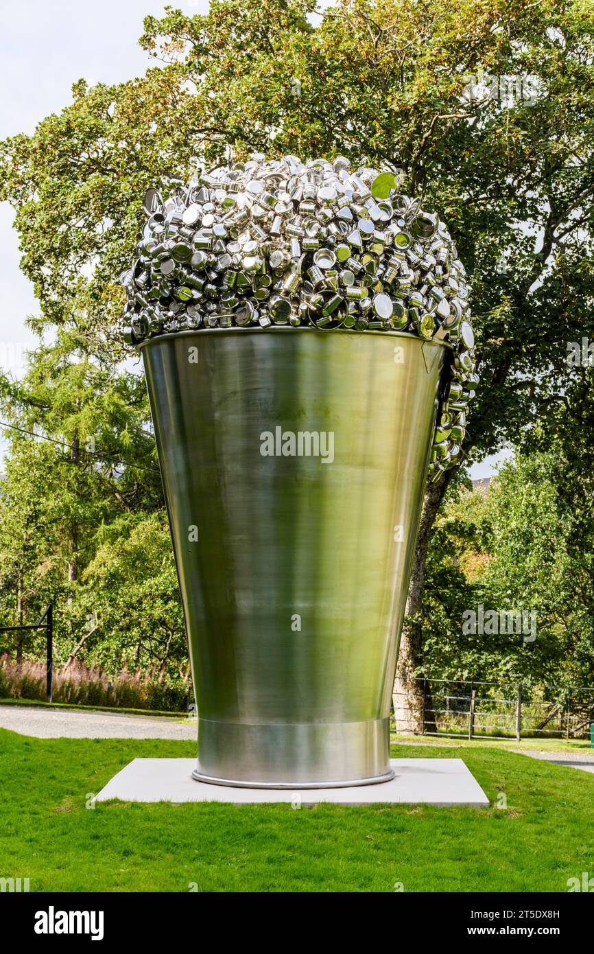 When Soak Becomes Spill, a sculpture in stainless steel by Subodh Gupta.  At the Invercauld Arms Hotel, Braemar, Aberdeenshire, Scotland, UK Stock Photo