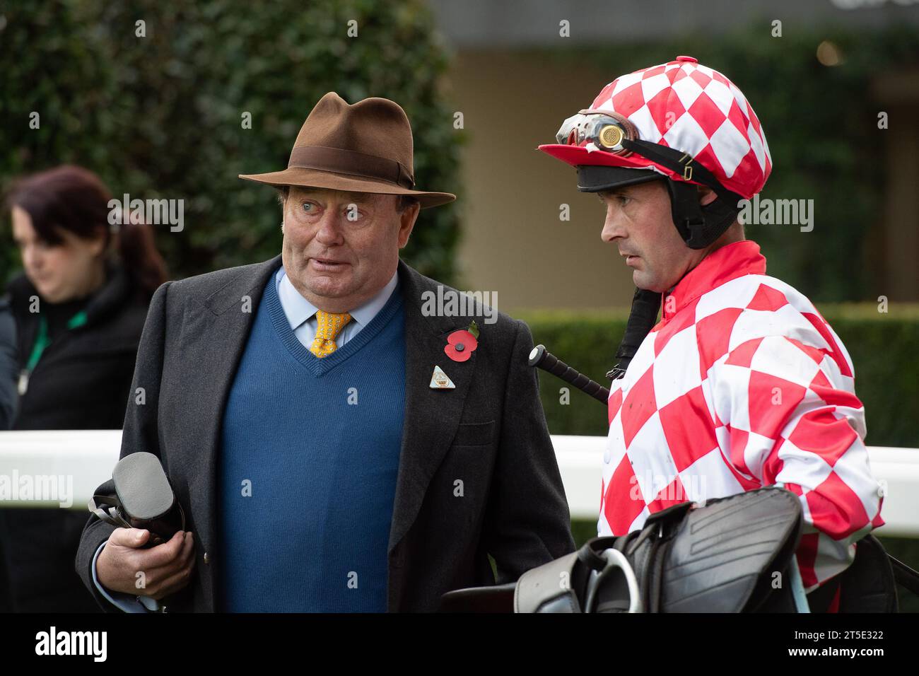 Ascot, Berkshire, UK. 4th November, 2023. Trainer Nicky Henderson (L) chats to jockey Nico de Boinville after Nico won the GL Events Novices' Hurdle Race on horse Jango Baie at the Fireworks Spectacular Family Raceday. Owner Countrywide Park Homes Ltd. Trainer Nicky Henderson, Lambourn. Breeder Andre Jean Belloir et al. Sponsor Countrywide Park Homes and Luxury Lodges. Credit: Maureen McLean/Alamy Live News Stock Photo