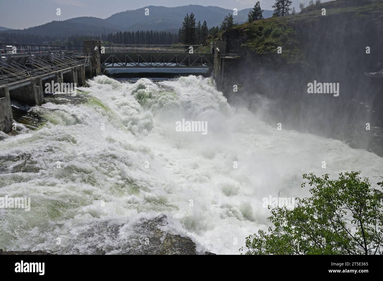 Post Falls Dam along the Spokane River in spring. Post Falls, North Idaho. Stock Photo