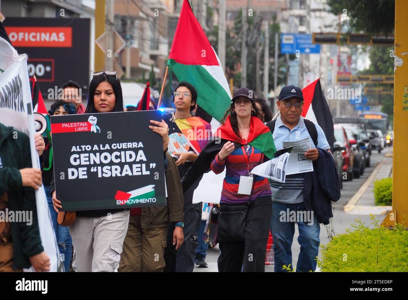 Lima, Peru. 04th Nov, 2023. 'Stop Israel's Genocidal War' can be read on a sign when dozens of demonstrators, took to the streets in Lima, in support of the Palestinian people and against the Israel - Hamas war in the Gaza Strip. Credit: Fotoholica Press Agency/Alamy Live News Stock Photo