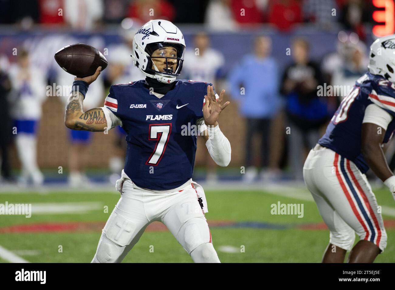 Lynchburg, VA, USA. 3rd Nov, 2023. Liberty Flames quarterback Kaidon