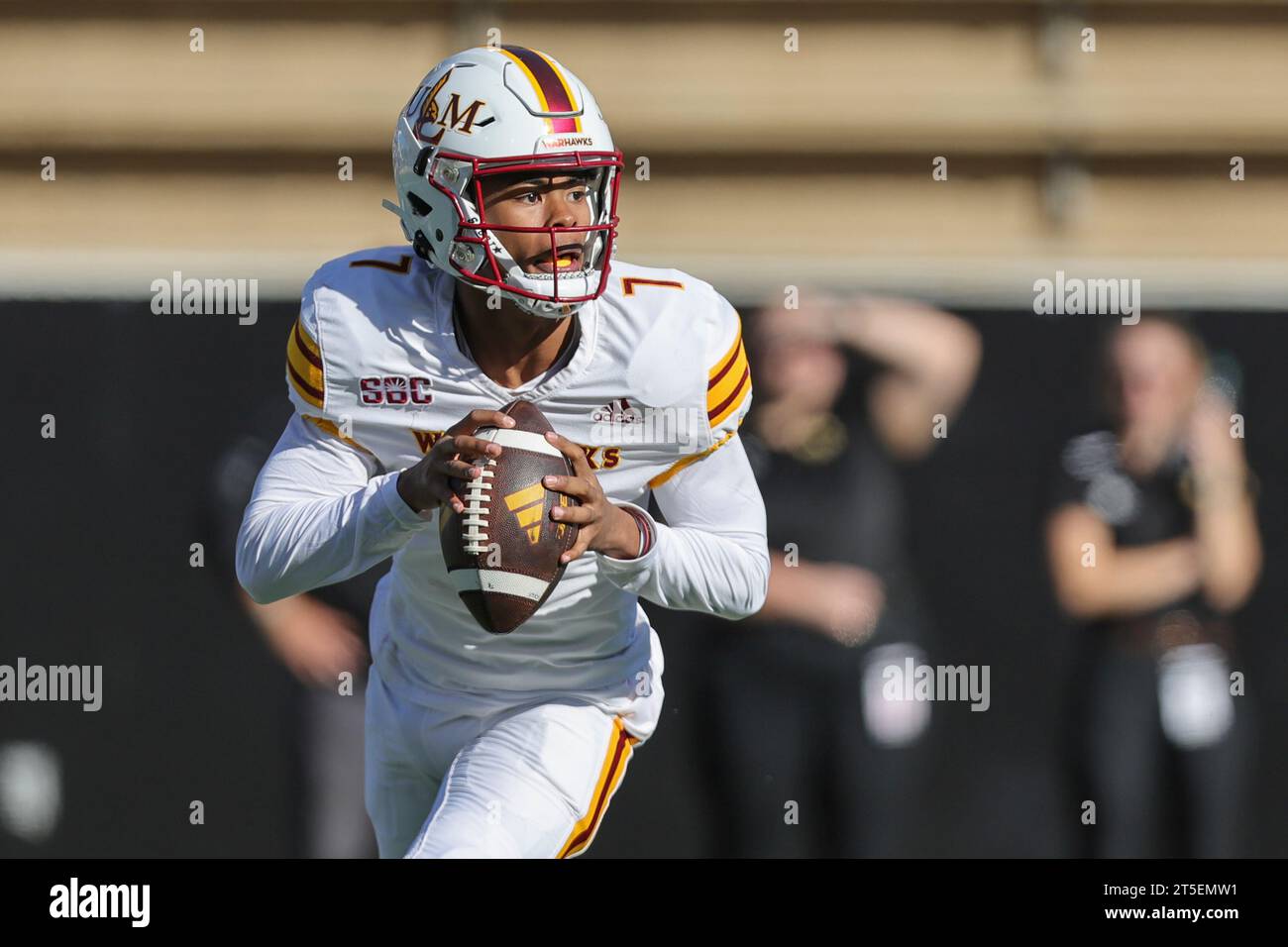 NOV 04, 2023: Louisiana Monroe Warhawks quarterback Blake Murphy (7) looks for open receivers as he rolls out to pass during a college football game between the Southern Miss Golden Eagles and the University of Louisiana Monroe Warhawks at M.M. Roberts Stadium in Hattiesburg, Mississippi. Bobby McDuffie/CSM (Credit Image: © Bobby Mcduffie/Cal Sport Media) Stock Photo