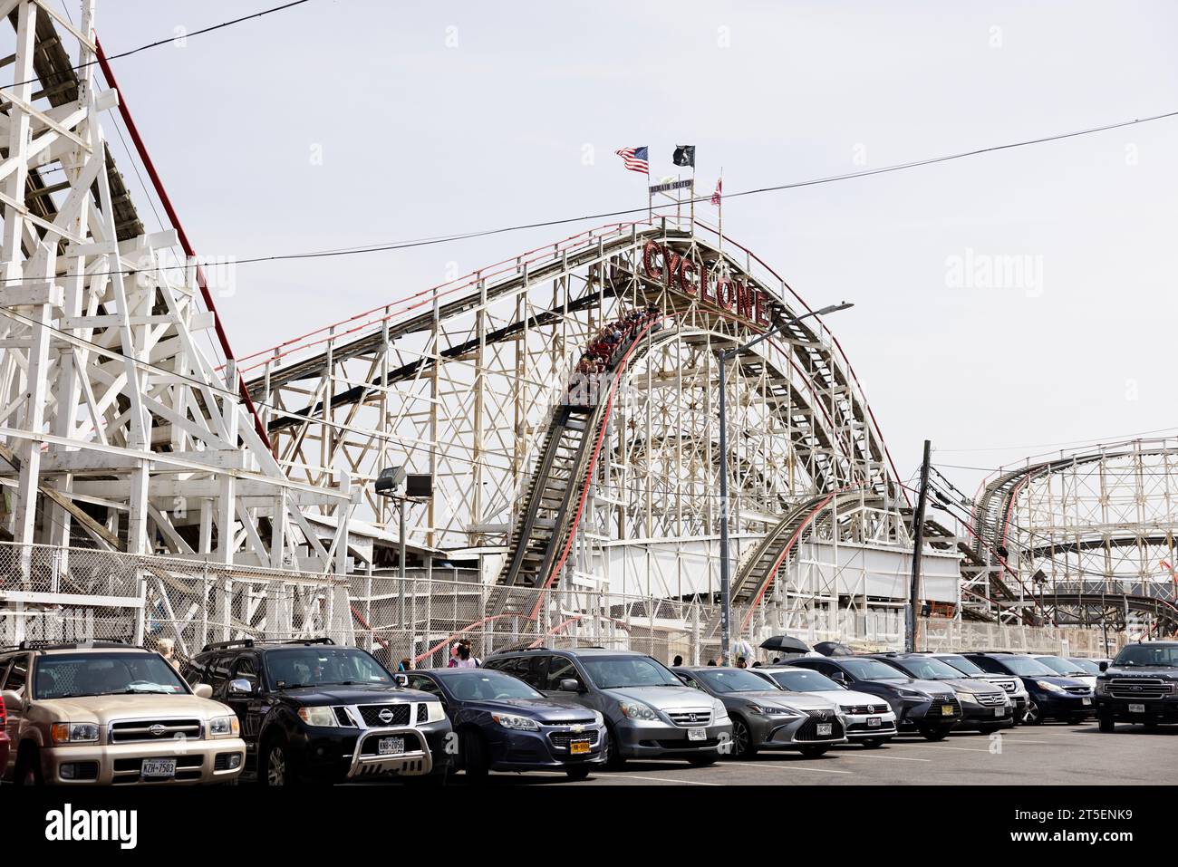 The historic Cyclone wooden roller coaster at Coney Island in Brooklyn, New York City, USA. Stock Photo