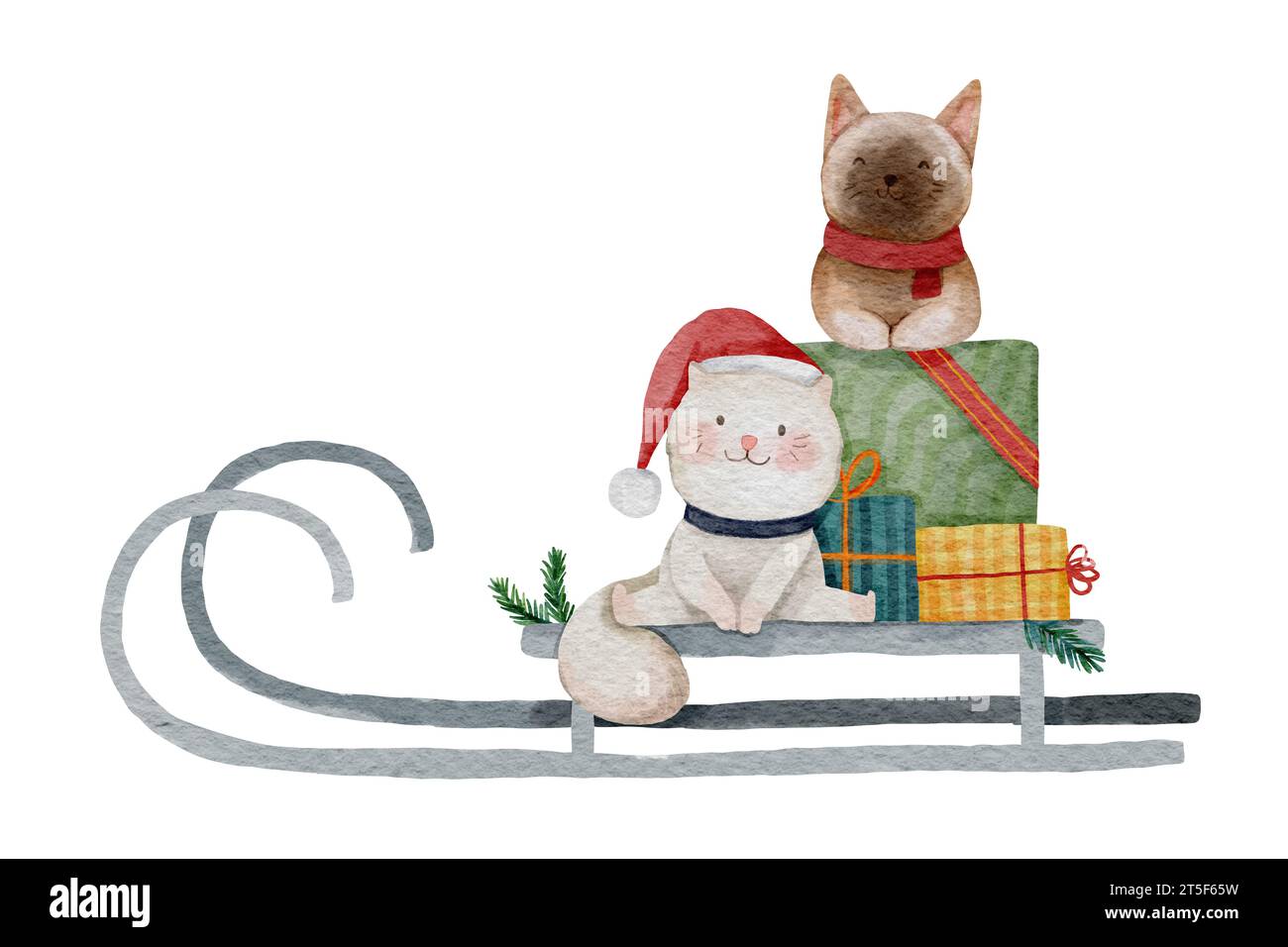 Dog and cat with christmas present ride on santa sleigh . Watercolor paint cartoon characters . White isolate background . X-mas scene set 4 of 10 . i Stock Photo
