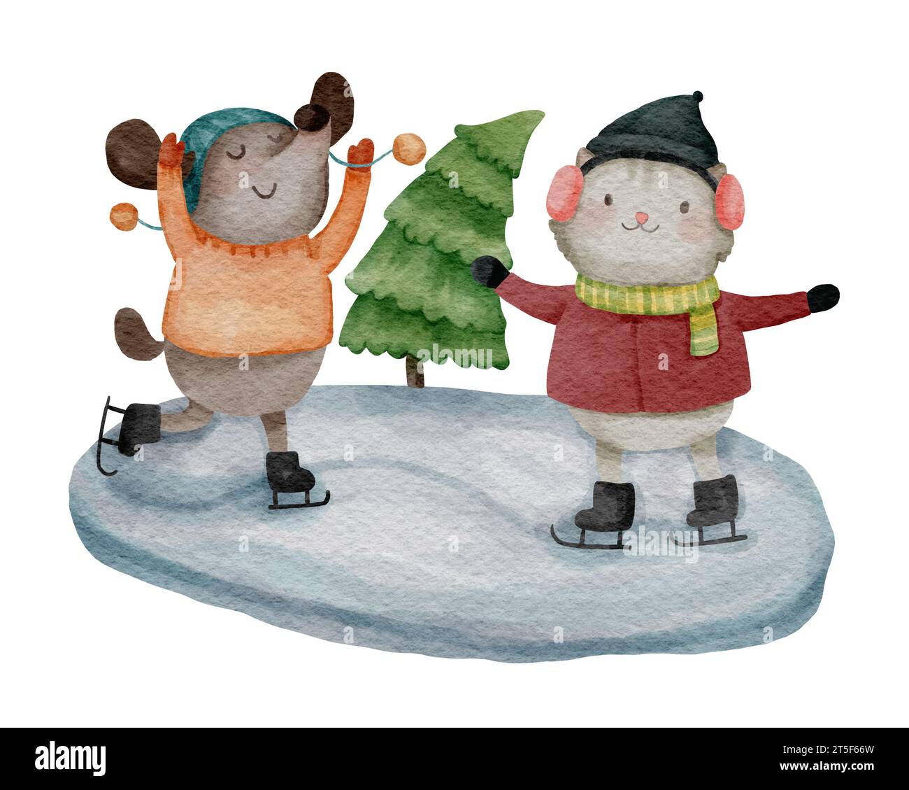 Dog and cat are ice skating on snowfield . Watercolor paint cartoon characters . White isolate background . X-mas scene set 8 of 10 . illustration . Stock Photo
