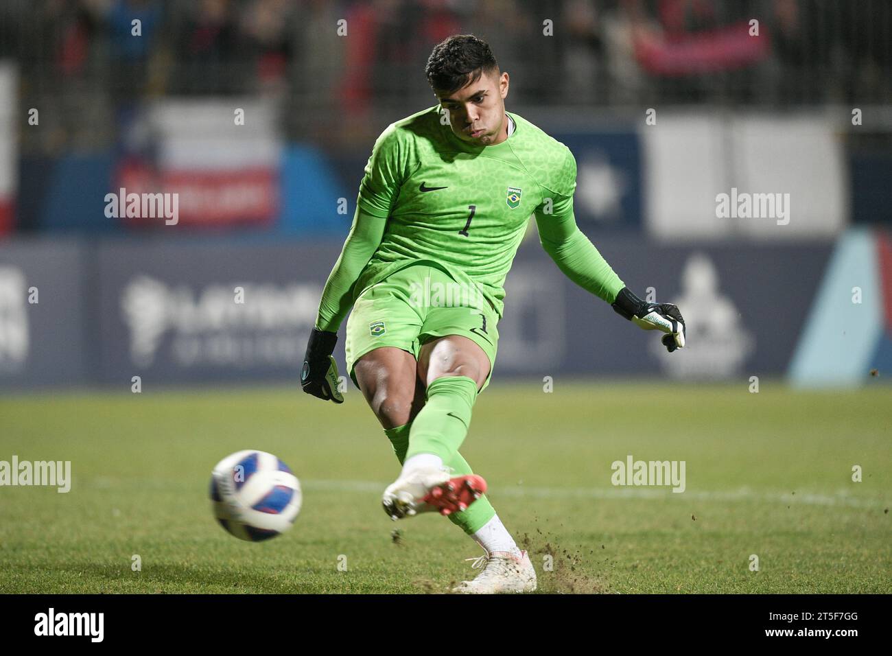 Vina Del Mar, Chile. 4th Nov, 2023. Mycael Pontes, goalkeeper of Brazil, shoots to score during the penalty shootout of the men's gold medal match of the football event between Brazil and Chile at Pan American Games 2023, in Vina Del Mar, Chile, on Nov. 4, 2023. Credit: Xin Yuewei/Xinhua/Alamy Live News Stock Photo