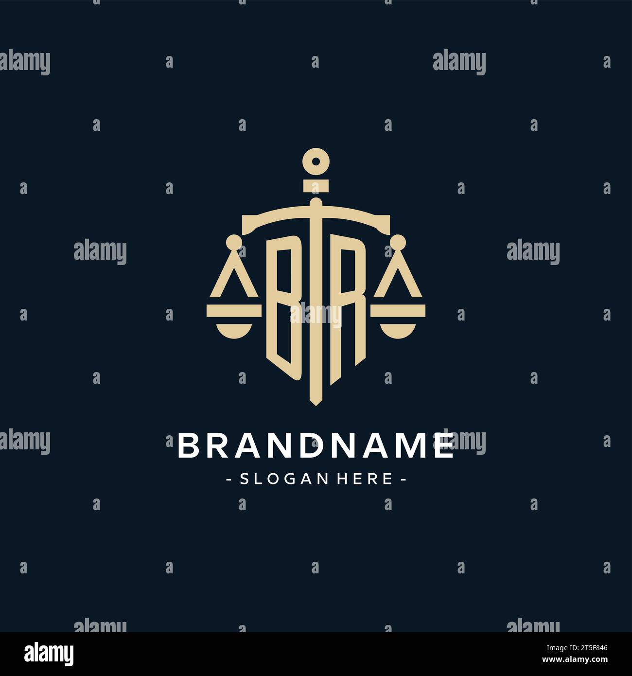 BR initial logo with scale of justice and shield icon, luxury and elegant law firm logo style Stock Vector
