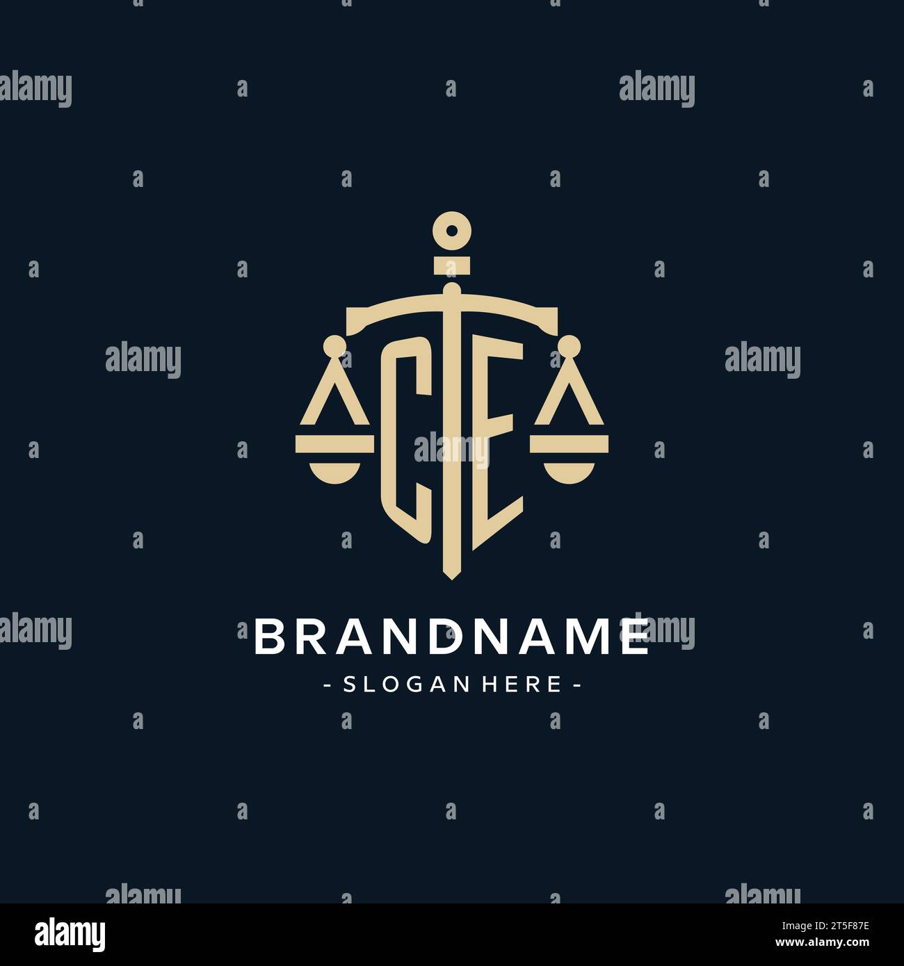 CE initial logo with scale of justice and shield icon, luxury and ...