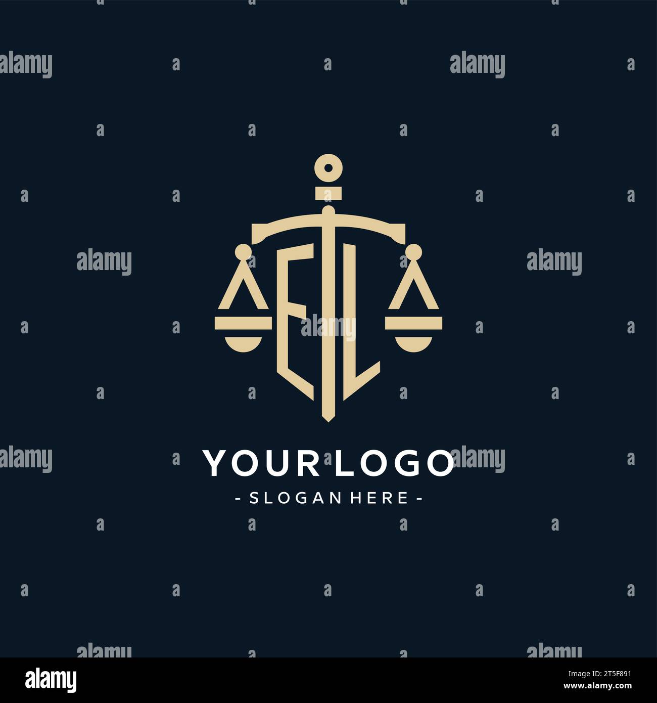 EL initial logo with scale of justice and shield icon, luxury and ...