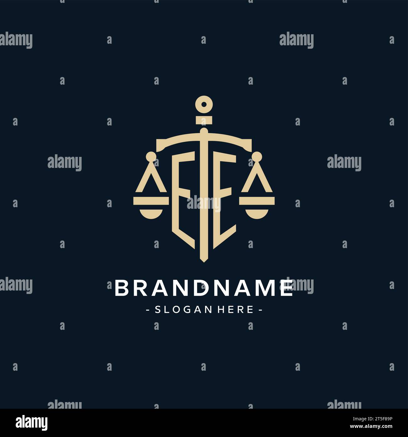 EE initial logo with scale of justice and shield icon, luxury and elegant law firm logo style Stock Vector