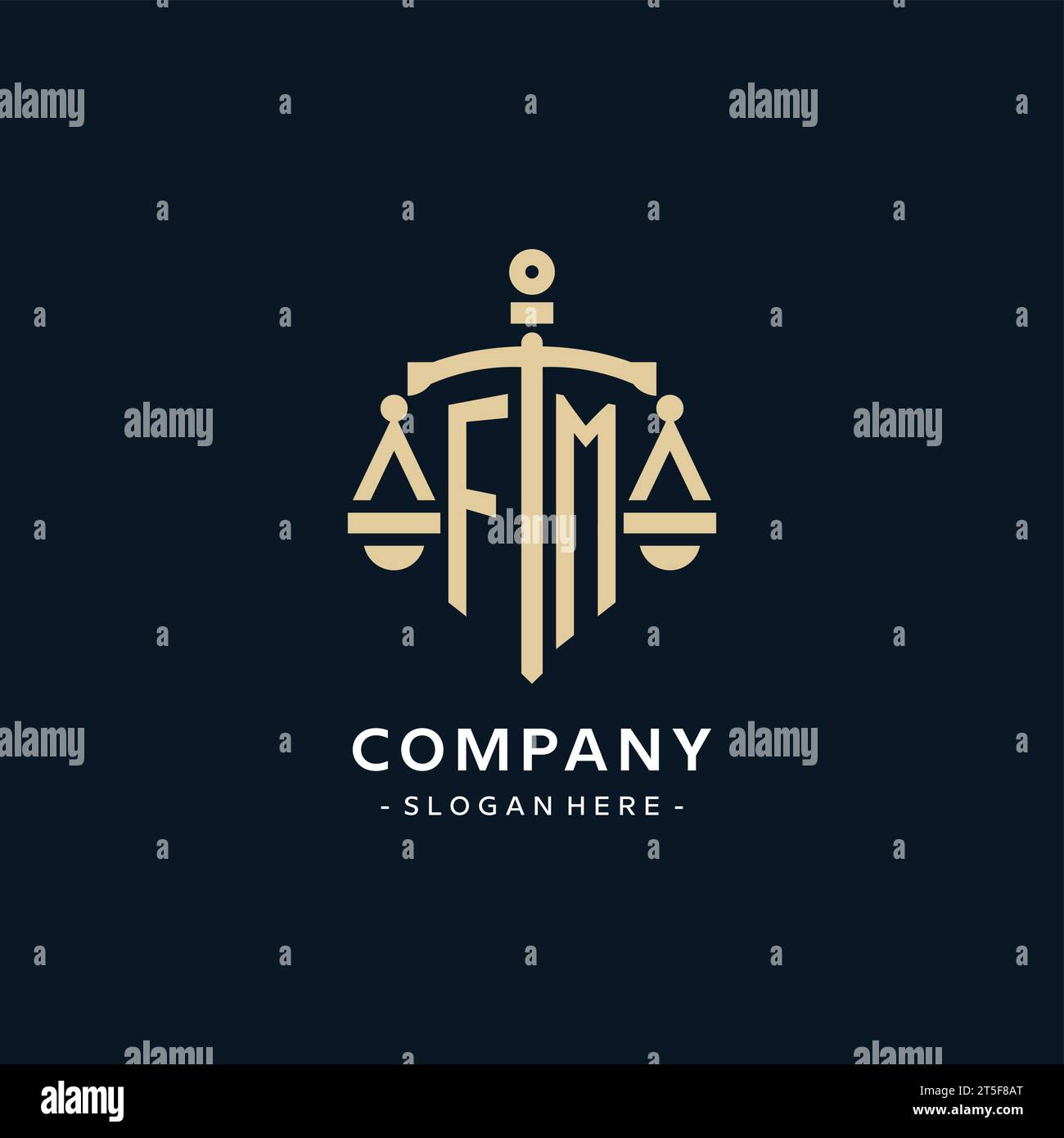 FM initial logo with scale of justice and shield icon, luxury and ...