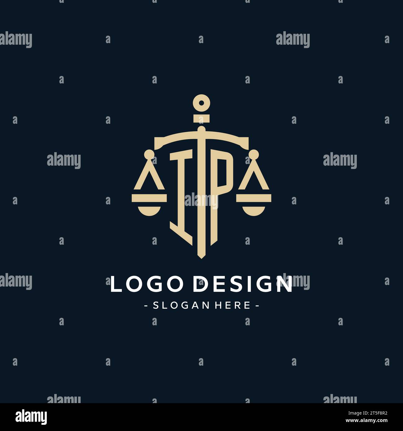 IP initial logo with scale of justice and shield icon, luxury and ...
