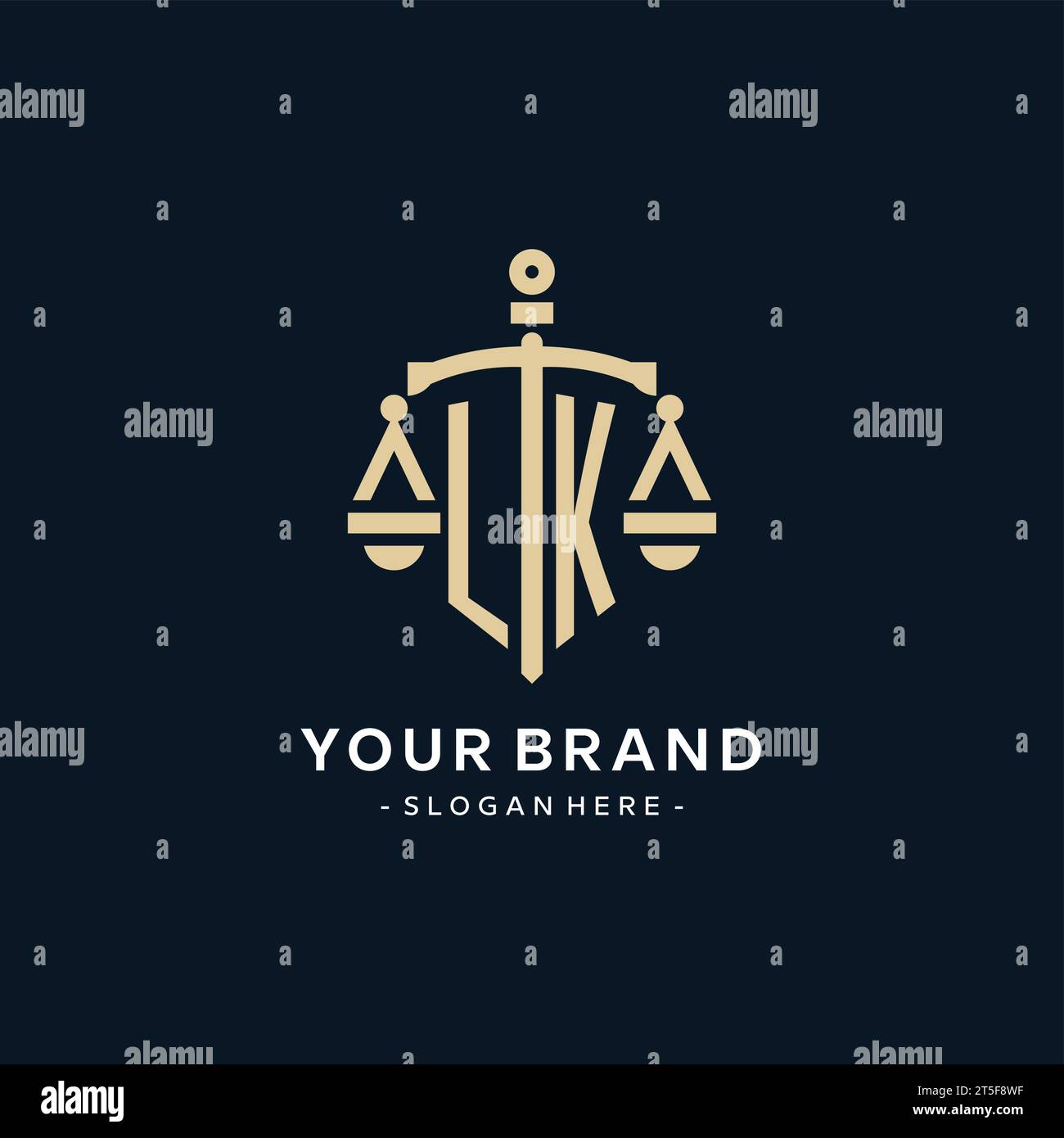 LK initial logo with scale of justice and shield icon, luxury and ...